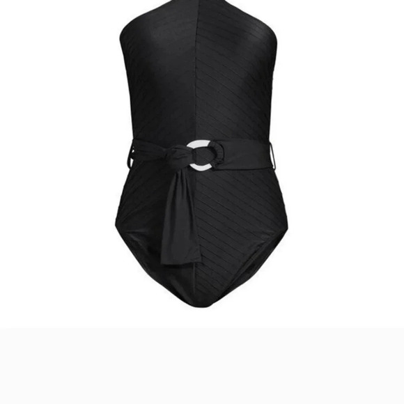 NEW Time and Tru Women's Chevron Halter One Piece Swimsuit With Belt Black Sz M - Picture 1 of 9